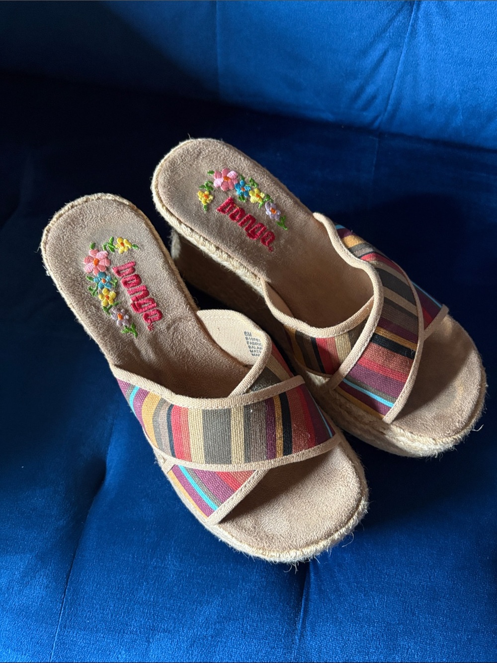 BONGO Multicolor Striped Wedge Mules with Beige Trim
